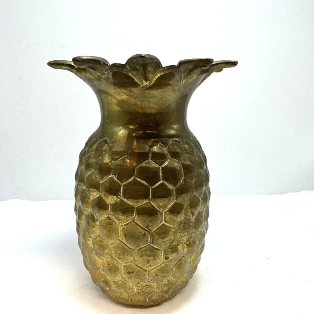 Vtg Solid Brass Pineapple Trinket flower 4.5 ”Hollywood Tiki Decor MCM Regency